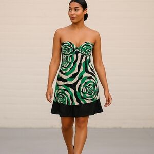 Shoshanna Strapless Abstract Floral Print Mini Dress Green Black Cream sz 4